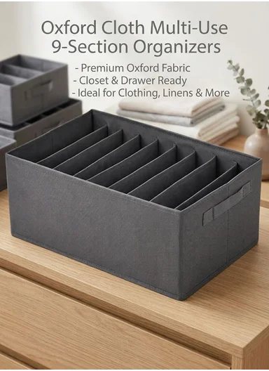 9-Section Oxford Cloth Drawer Organizer, Multi-Use Storage Box (L44 x W30 x H20)cm - Grey