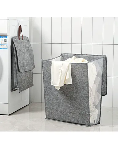 Foldable Hanging Laundry Hamper Basket, Wall-Mounted Dirty Clothes Bin (W56 x D13 x H39)cm - Grey