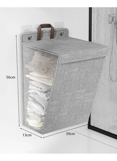 Foldable Hanging Laundry Hamper Basket, Wall-Mounted Dirty Clothes Bin (W56 x D13 x H39)cm - Grey