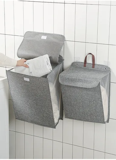 Foldable Hanging Laundry Hamper Basket, Wall-Mounted Dirty Clothes Bin (W56 x D13 x H39)cm - Grey