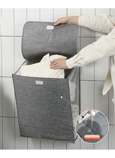 Foldable Hanging Laundry Hamper Basket, Wall-Mounted Dirty Clothes Bin (W56 x D13 x H39)cm - Grey
