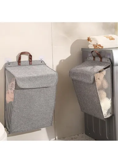 Foldable Hanging Laundry Hamper Basket, Wall-Mounted Dirty Clothes Bin (W56 x D13 x H39)cm - Grey