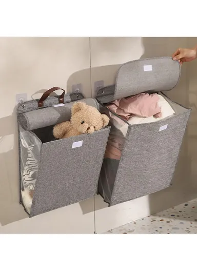 Foldable Hanging Laundry Hamper Basket, Wall-Mounted Dirty Clothes Bin (W56 x D13 x H39)cm - Grey