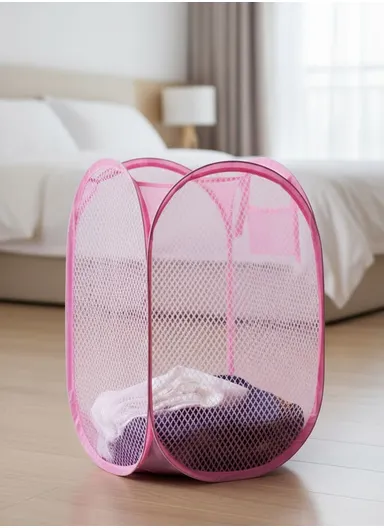 Large Size Foldable Mesh Laundry Basket with Ergonomic Handle, Portable Laundry Hamper (W33 x D33 x H58)cm - Pink