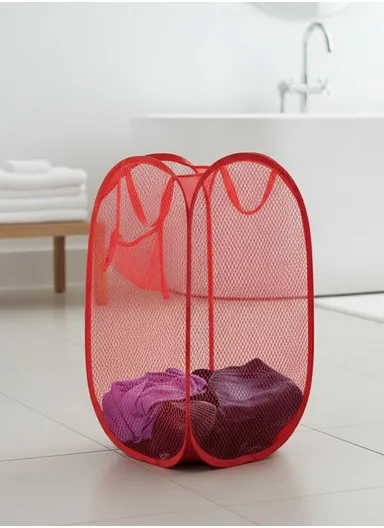 Large Size Foldable Mesh Laundry Basket with Ergonomic Handle, Portable Laundry Hamper (W33 x D33 x H58)cm - Red