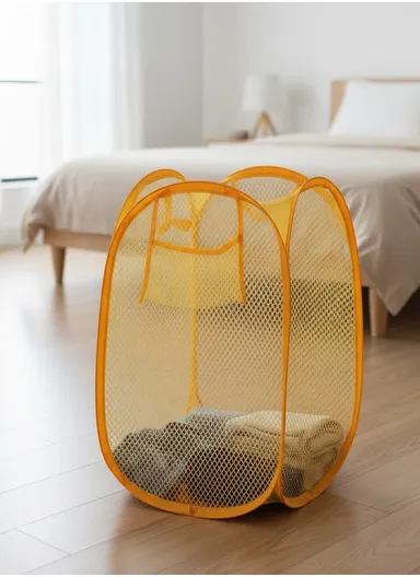 Large Size Foldable Mesh Laundry Basket with Ergonomic Handle, Portable Laundry Hamper (W33 x D33 x H58)cm - Yellow