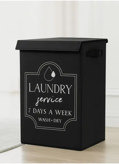 Foldable Laundry Storage Stool with Lid, Large Fabric Clothes Hamper &amp; Organizer with Side Handles (W40 × D29 × H60)cm – Black