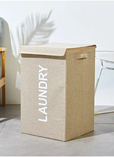 Foldable Laundry Basket with Lid, Large Dirty Clothes Storage Hamper, Fabric Organizer with Side Handles (W40 x D30 x H60)cm – Beige