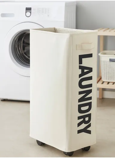 Foldable Laundry Basket, Dirty Clothes Storage Bag, Oxford Cloth Handbag with Handle Strap (L39 x W19 x H58)cm - Beige