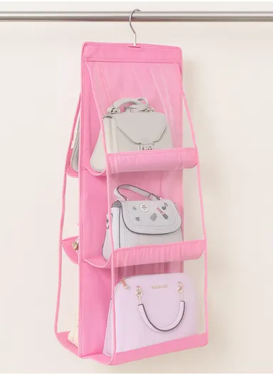 Double-Sided Closet Purse Hanging Handbag Organizer with 6 Pockets Foldable Non-Woven Fabric &amp; Transparent PVC, Space-Saving Wardrobe Organizer (L80 x W34)cm - Pink