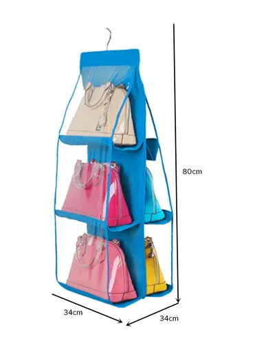 Double-Sided Closet Purse Hanging Handbag Organizer with 6 Pockets Foldable Non-Woven Fabric &amp; Transparent PVC, Space-Saving Wardrobe Organizer (L80 x W34)cm - Pink