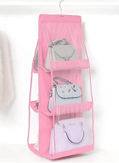 Double-Sided Closet Purse Hanging Handbag Organizer with 6 Pockets Foldable Non-Woven Fabric &amp; Transparent PVC, Space-Saving Wardrobe Organizer (L80 x W34)cm - Pink