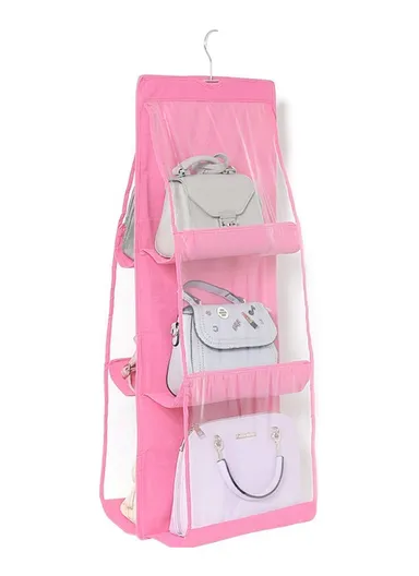 Double-Sided Closet Purse Hanging Handbag Organizer with 6 Pockets Foldable Non-Woven Fabric &amp; Transparent PVC, Space-Saving Wardrobe Organizer (L80 x W34)cm - Pink