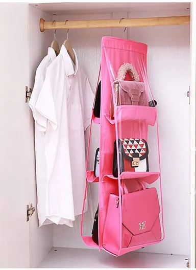 Double-Sided Closet Purse Hanging Handbag Organizer with 6 Pockets Foldable Non-Woven Fabric &amp; Transparent PVC, Space-Saving Wardrobe Organizer (L80 x W34)cm - Pink