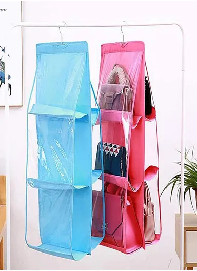 Double-Sided Closet Purse Hanging Handbag Organizer with 6 Pockets Foldable Non-Woven Fabric &amp; Transparent PVC, Space-Saving Wardrobe Organizer (L80 x W34)cm - Pink
