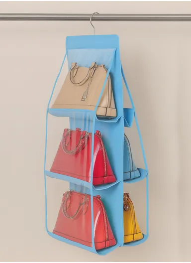 Double-Sided Closet Purse Hanging Handbag Organizer with 6 Pockets Foldable Non-Woven Fabric &amp; Transparent PVC, Space-Saving Wardrobe Organizer (L80 x W34)cm - Blue