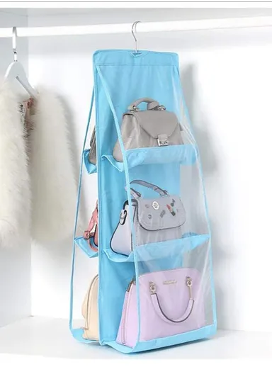 Double-Sided Closet Purse Hanging Handbag Organizer with 6 Pockets Foldable Non-Woven Fabric &amp; Transparent PVC, Space-Saving Wardrobe Organizer (L80 x W34)cm - Blue