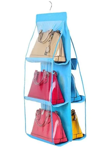 Double-Sided Closet Purse Hanging Handbag Organizer with 6 Pockets Foldable Non-Woven Fabric &amp; Transparent PVC, Space-Saving Wardrobe Organizer (L80 x W34)cm - Blue