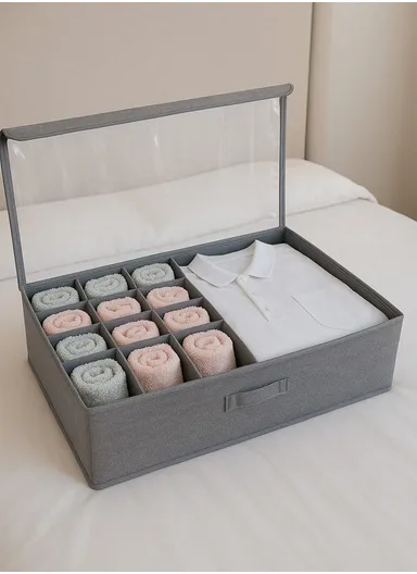 Foldable Fabric Storage Box with Lid &amp; 13 Compartments, Breathable Non-Woven Material Closet Organizer with Clear Cover (L36 x W36 x H10)cm – Dark Grey