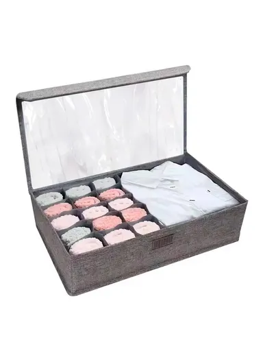 Foldable Fabric Storage Box with Lid &amp; 13 Compartments, Breathable Non-Woven Material Closet Organizer with Clear Cover (L36 x W36 x H10)cm – Dark Grey