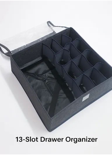 Foldable Fabric Storage Box with Lid &amp; 13 Compartments, Breathable Non-Woven Material Closet Organizer with Clear Cover (L36 x W36 x H10)cm – Dark Grey