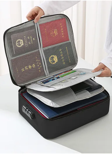 Portable Organizer Fireproof ID Storage Bag with Handle &amp; Zipper Closure (L37 x W29 x T10)cm - Black