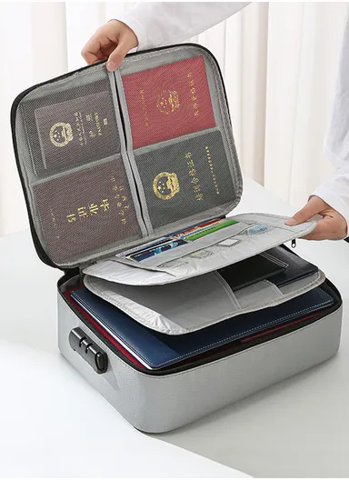 Portable Organizer Fireproof ID Storage Bag with Handle &amp; Zipper Closure (L37 x W29 x T10)cm - Grey