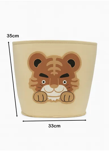 Multi-Purpose Foldable Laundry Bucket Drum with Stylish Tiger Design (D33 × H35)cm – Beige