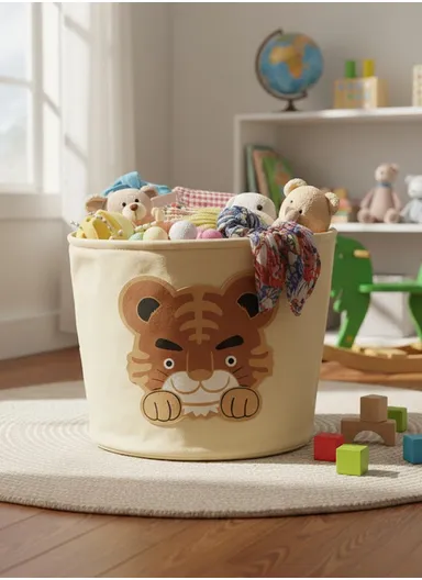 Multi-Purpose Foldable Laundry Bucket Drum with Stylish Tiger Design (D33 × H35)cm – Beige