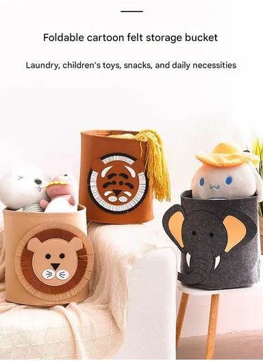 Multi-Purpose Foldable Laundry Bucket Drum with Stylish Tiger Design (D33 × H35)cm – Beige