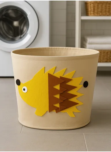 Multi-Purpose Foldable Laundry Bucket Drum with Stylish Hedgehog Design (D33 × H35)cm – Beige
