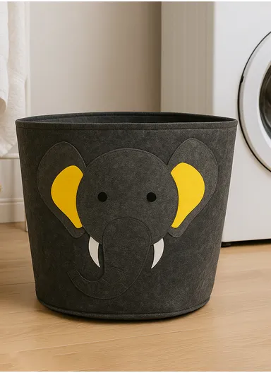 Multi-Purpose Foldable Laundry Bucket Drum with Stylish Elephant Design (D33 × H35)cm – Black