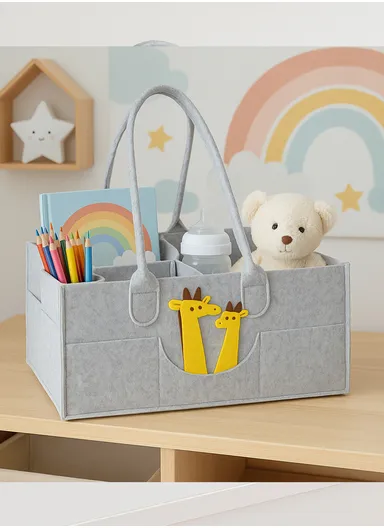 Stylish Giraffe Design Felt Mommy Organizer Bag with Handles (W32 × D23 × H19)cm – Grey