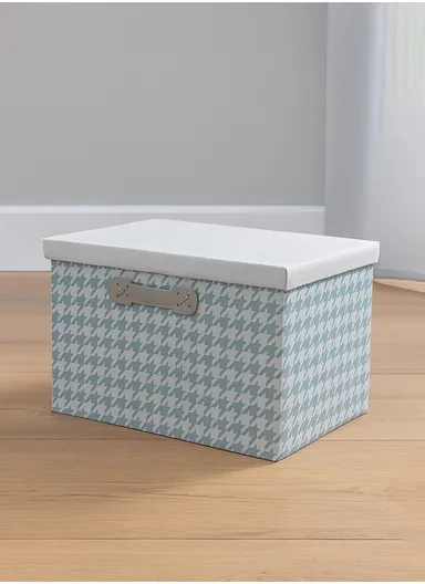 Foldable Storage Box with Lid, Houndstooth Pattern Fabric Organizer with Side Handles (L38 x W25 x H25)cm –  Blue