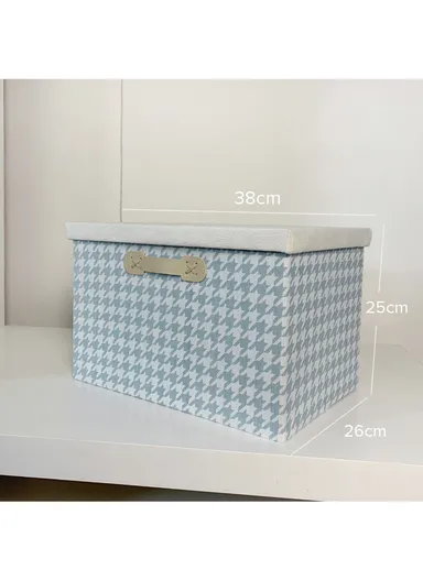 Foldable Storage Box with Lid, Houndstooth Pattern Fabric Organizer with Side Handles (L38 x W25 x H25)cm –  Blue