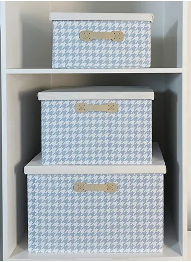 Foldable Storage Box with Lid, Houndstooth Pattern Fabric Organizer with Side Handles (L38 x W25 x H25)cm –  Blue