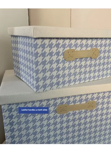 Foldable Storage Box with Lid, Houndstooth Pattern Fabric Organizer with Side Handles (L38 x W25 x H25)cm –  Blue