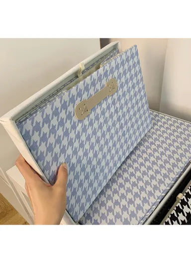 Foldable Storage Box with Lid, Houndstooth Pattern Fabric Organizer with Side Handles (L38 x W25 x H25)cm –  Blue