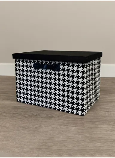 Foldable Storage Box with Lid, Houndstooth Pattern Fabric Organizer with Side Handles (L38 x W25 x H25)cm – Black &amp; White