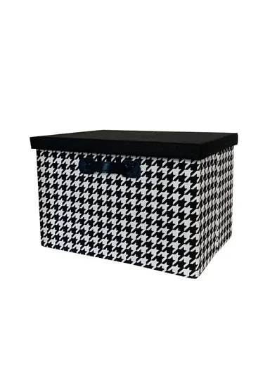 Foldable Storage Box with Lid, Houndstooth Pattern Fabric Organizer with Side Handles (L38 x W25 x H25)cm – Black &amp; White