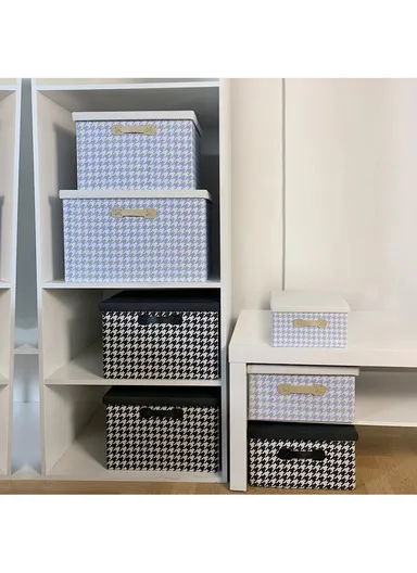 Foldable Storage Box with Lid, Houndstooth Pattern Fabric Organizer with Side Handles (L38 x W25 x H25)cm – Black &amp; White