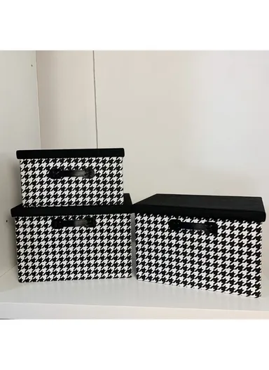 Foldable Storage Box with Lid, Houndstooth Pattern Fabric Organizer with Side Handles (L38 x W25 x H25)cm – Black &amp; White