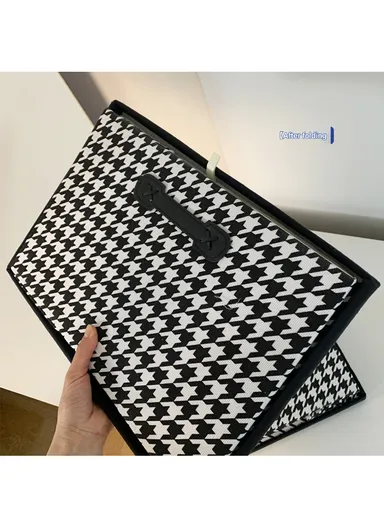 Foldable Storage Box with Lid, Houndstooth Pattern Fabric Organizer with Side Handles (L38 x W25 x H25)cm – Black &amp; White