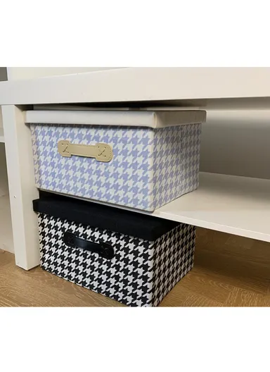Foldable Storage Box with Lid, Houndstooth Pattern Fabric Organizer with Side Handles (L38 x W25 x H25)cm – Black &amp; White