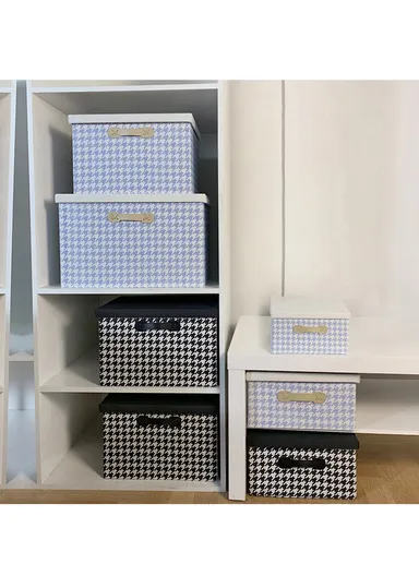 Foldable Storage Box with Lid, Houndstooth Pattern Fabric Organizer with Side Handles (L46 x W30 x H30)cm –  Blue