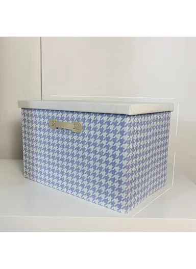 Foldable Storage Box with Lid, Houndstooth Pattern Fabric Organizer with Side Handles (L46 x W30 x H30)cm –  Blue