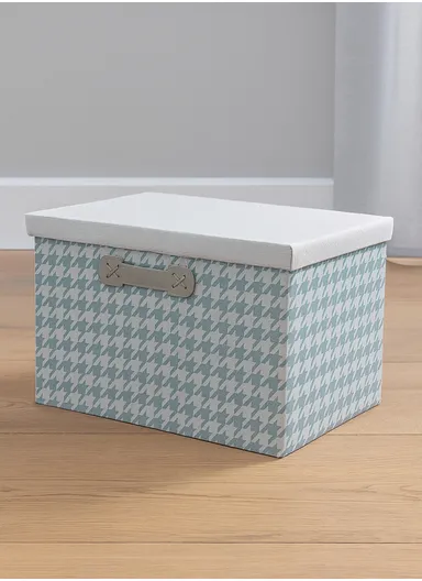 Foldable Storage Box with Lid, Houndstooth Pattern Fabric Organizer with Side Handles (L46 x W30 x H30)cm –  Blue