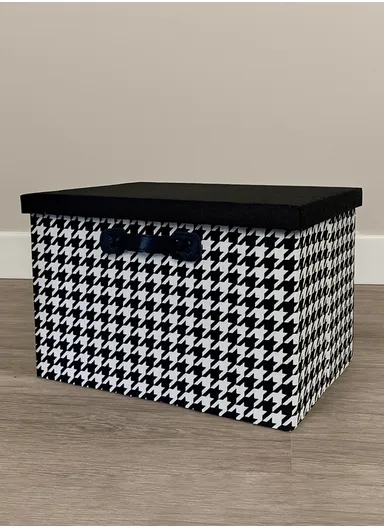 Foldable Storage Box with Lid, Houndstooth Pattern Fabric Organizer with Side Handles (L46 x W30 x H30)cm – Black &amp; White