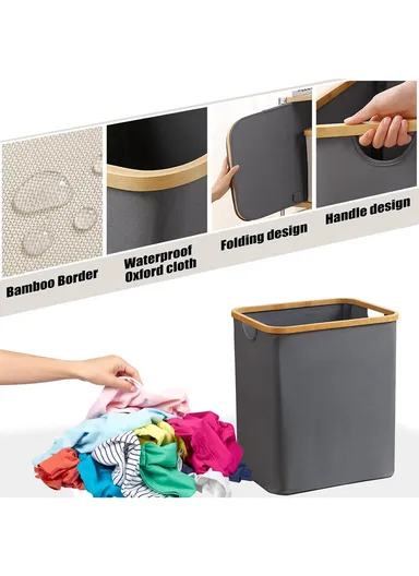 Cloth Storage Basket, Foldable Laundry Hamper with Bamboo Frame (W40.5 × D33 × H45)cm – Beige