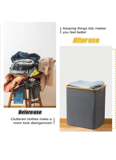 Cloth Storage Basket, Foldable Laundry Hamper with Bamboo Frame (W40.5 × D33 × H45)cm – Beige